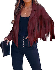 Wine Red Fringe Leather Jacket Womens