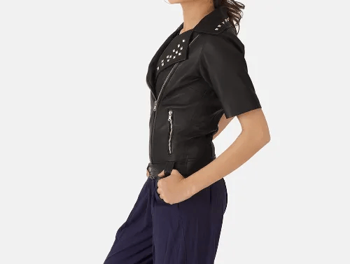 Women's Black Leather Jacket with Studs-1