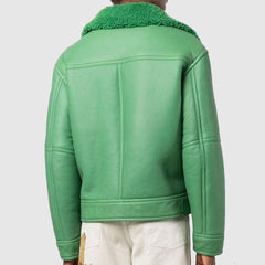 Womens Biker Green Shearling Fur Leather Jacket Back