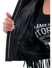 Womens Black Cropped Leather Jacket with Fringe-4