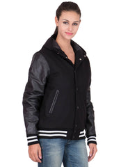 Womens Black Hood Varsity Jacket With Leather Sleeves-3