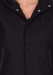 Womens Black Hood Varsity Jacket With Leather Sleeves-6