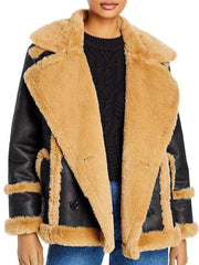 Womens Black Leather Shearling Double Breasted Jacket-1