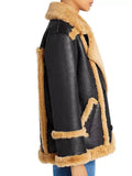 Womens Black Leather Shearling Double Breasted Jacket-2