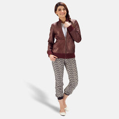 Womens Reida Maroon Leather Bomber Jacket-2