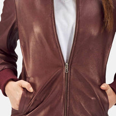 Womens Reida Maroon Leather Bomber Jacket-3