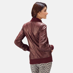 Womens Reida Maroon Leather Bomber Jacket-5
