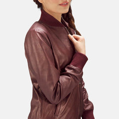 Womens Reida Maroon Leather Bomber Jacket-4