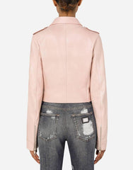 Womens Tab Collar Light Pink Biker Leather Jacket-1