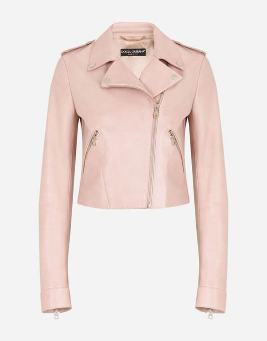 Womens Tab Collar Light Pink Biker Leather Jacket-2
