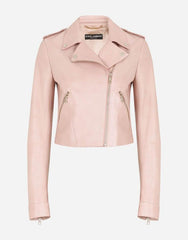 Womens Tab Collar Light Pink Biker Leather Jacket-2